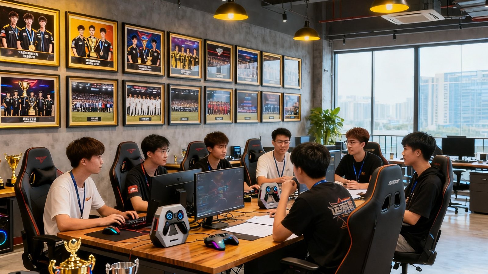 开运电竞深圳总部开放式办公区照片，宽敞明亮的空间采用工业风设计，墙上挂满了历年赛事精彩瞬间的照片框和冠军战队合影，十几名年轻员工围坐在讨论区进行头脑风暴，桌面上摆放着电竞外设和赛事奖杯模型