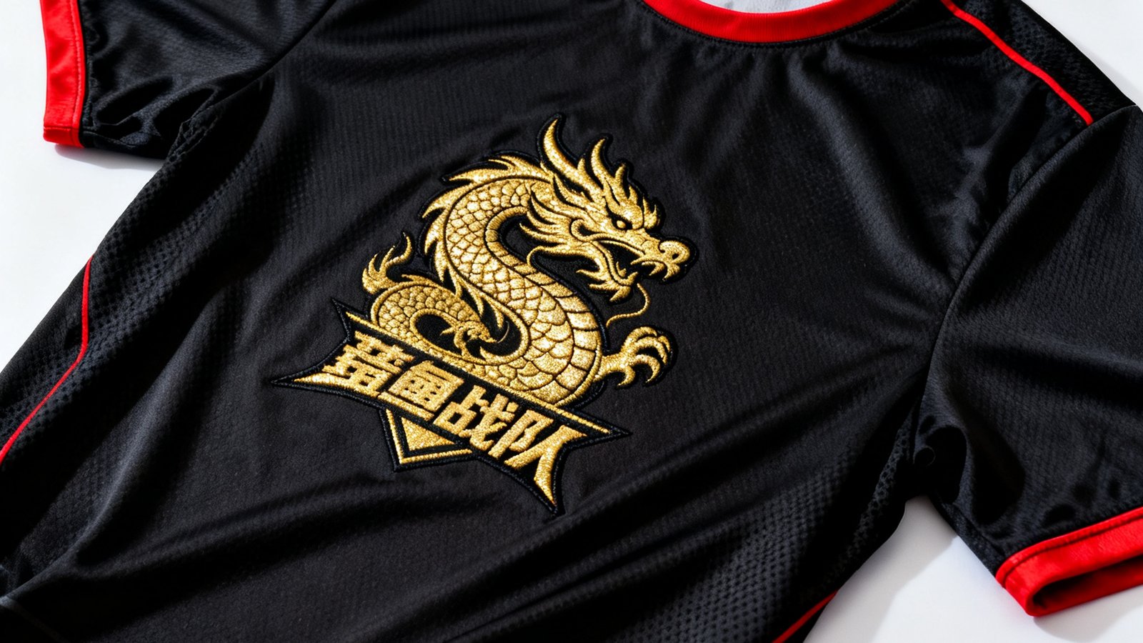 一件黑色电竞战队队服平铺在白色背景上，胸前刺绣着精致的金色龙纹logo和战队名称，面料采用透气速干材质，领口和袖口有红色滚边装饰，整体设计兼具功能性与视觉冲击力